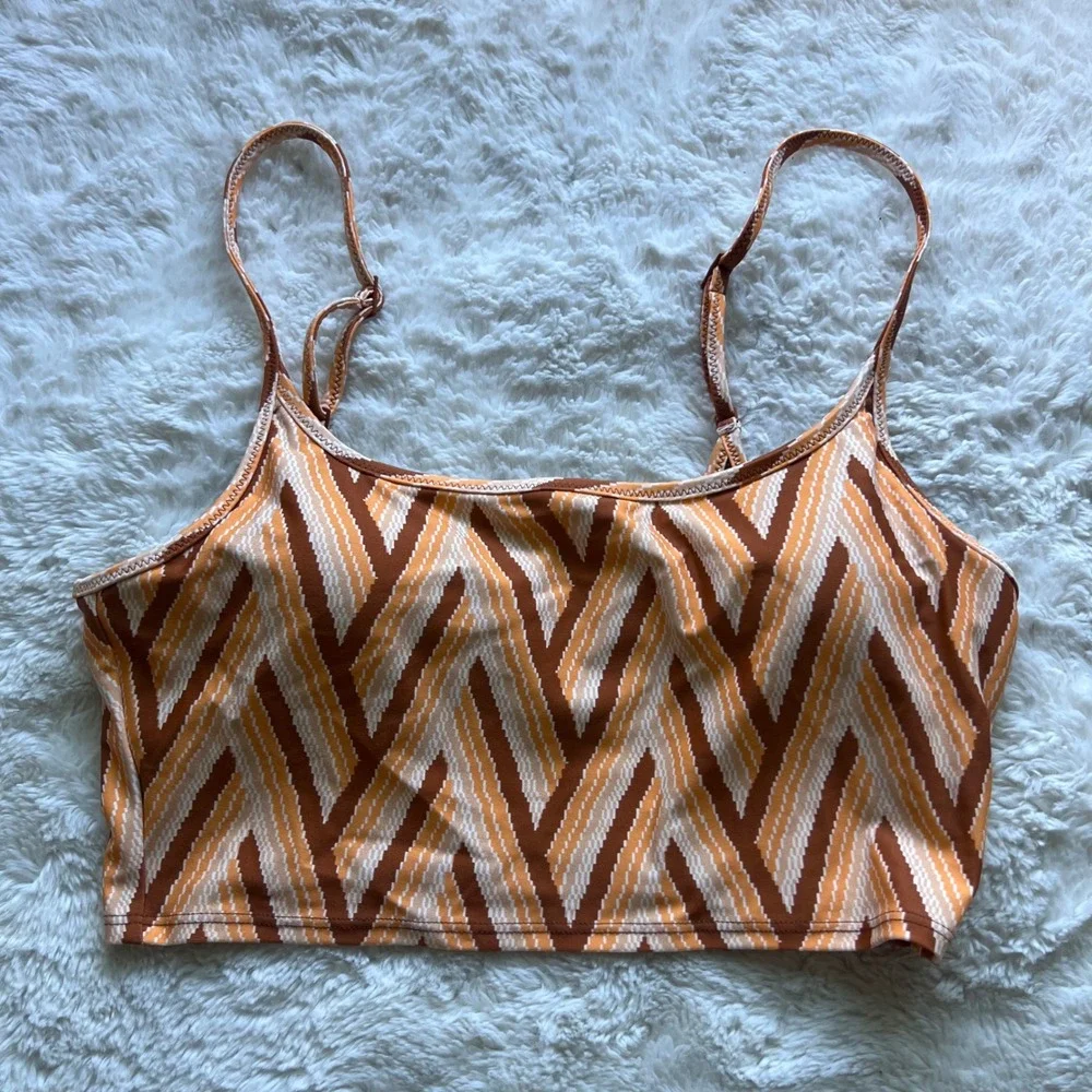Aerie Real Good Orange Brown Chevron Geometric Scoop Neck Bikini Top Small NWOT